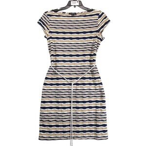 Sharagano Textured Striped Dress Sz 12 Rope Tie Waist Stretch Casual Chic Resort